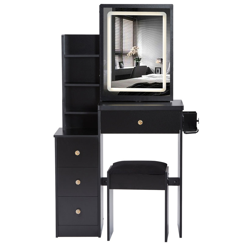29.2" Small Size Left Bedside Cabinet Vanity Table + Cushioned Stool, 2 AC+2 USB Power Station, Hair Dryer Bracket, Extra Large Touch Control Sliding LED Mirror, Tri-Color Switching, Brightness Adjust