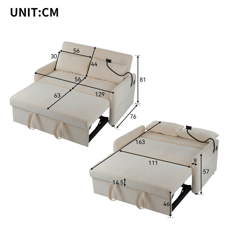 Aniyla 2 Seater Chenille Sofa Bed, Beige