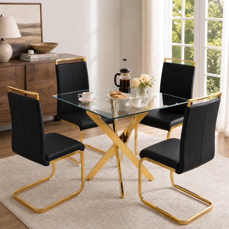 Modern Square Glass Dining Set with Geometric Frame and Cantilever Chairs, 5 Pieces: Table, 4 Chairs, Black/Gold, Gold