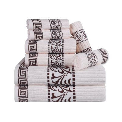 Athens Cotton Medium Weight Floral Border Greek Key Trim 8 Piece Assorted Towel Set by Superior