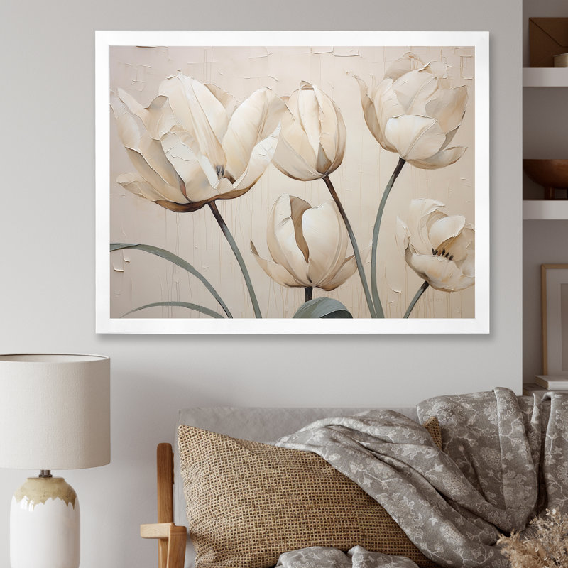 Minimalisme, tulipes blanches symphonie II sur toile, H 30 po x l 40 po x P 1,5 po, Cadre simple blanc