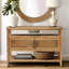 Console au fini amande grillée chaude, 2 portes en rotin naturel et grande capacité de rangement, idéale pour les intérieurs contemporains.