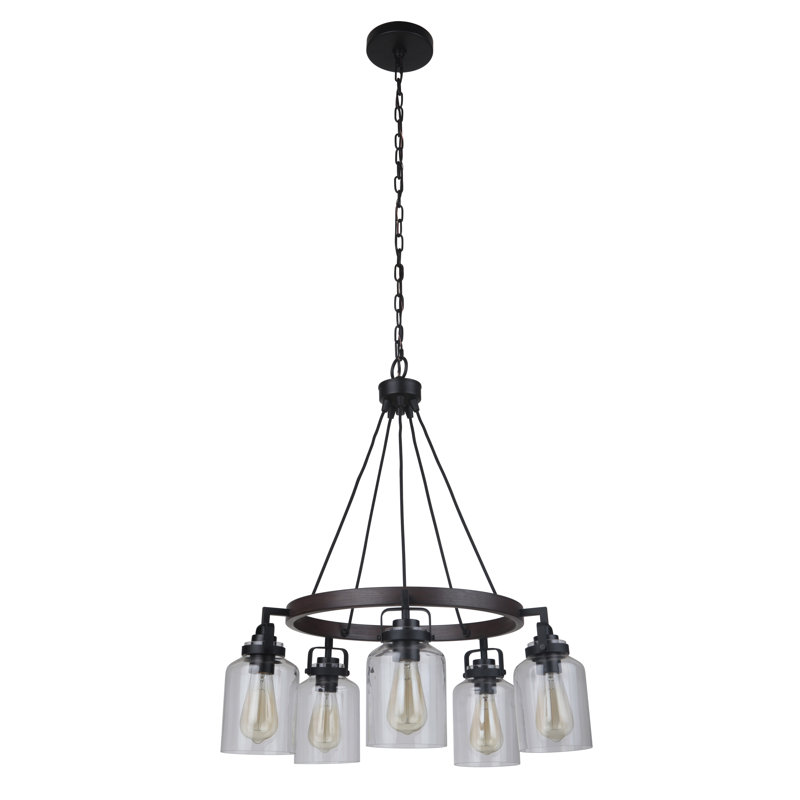 Lustre en roue de chariot Barrera Unique, Noir mat / tek foncé, 5 lumières