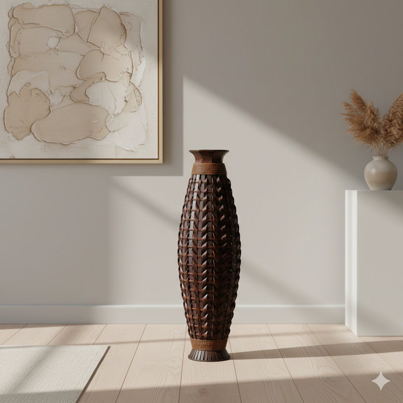 A Handwoven Natural Bamboo Floor Vase, 38.97 Inches Tall. This Boho Decorative Vase For Living Room Entryways Is A Rustic Farmhouse Woven Piece For Pampas Grass And Dried Branches.