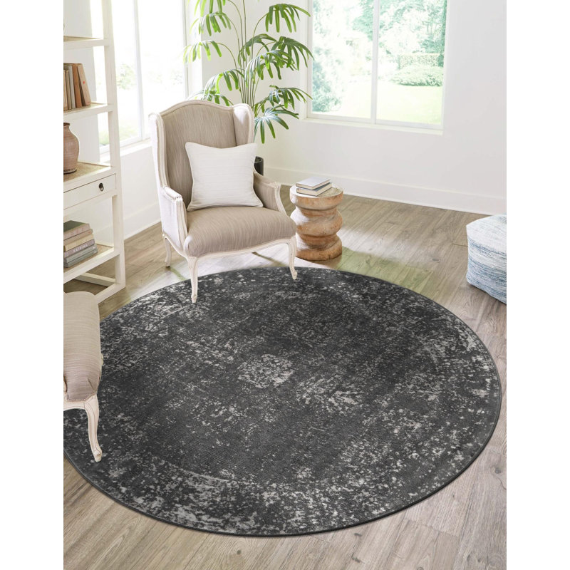 Brandt Floral Area Rug, Round 3'1", No, Dark Gray