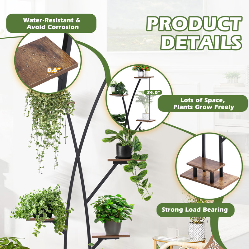 60" Black and Oak 7-Tier Indoor Plant Stand with Grow Lights