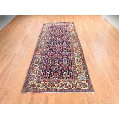 Tapis de couloir large bleu marine, 6 pi x 13 pi 9 po, motif persan antique avec motif géométrique et bordure dorée unique, long et étroit