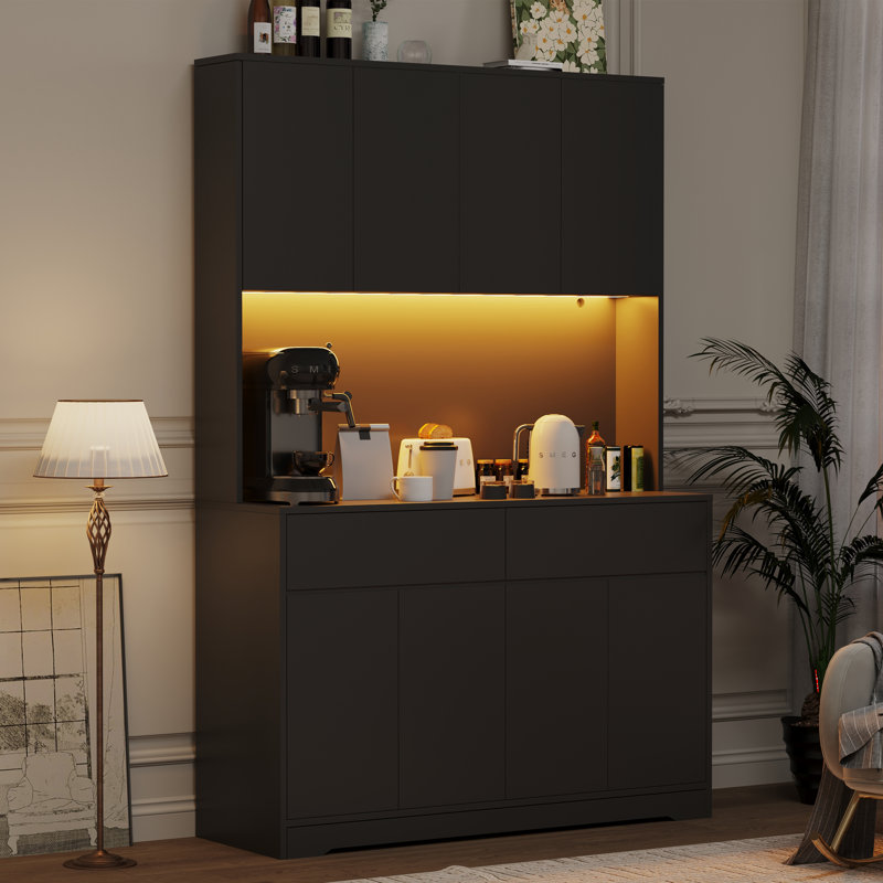 Armoire de rangement pour garde-manger de 71 po de hauteur avec prise de courant et lumière DEL, grande armoire de cuisine avec 2 tiroirs et 8 portes