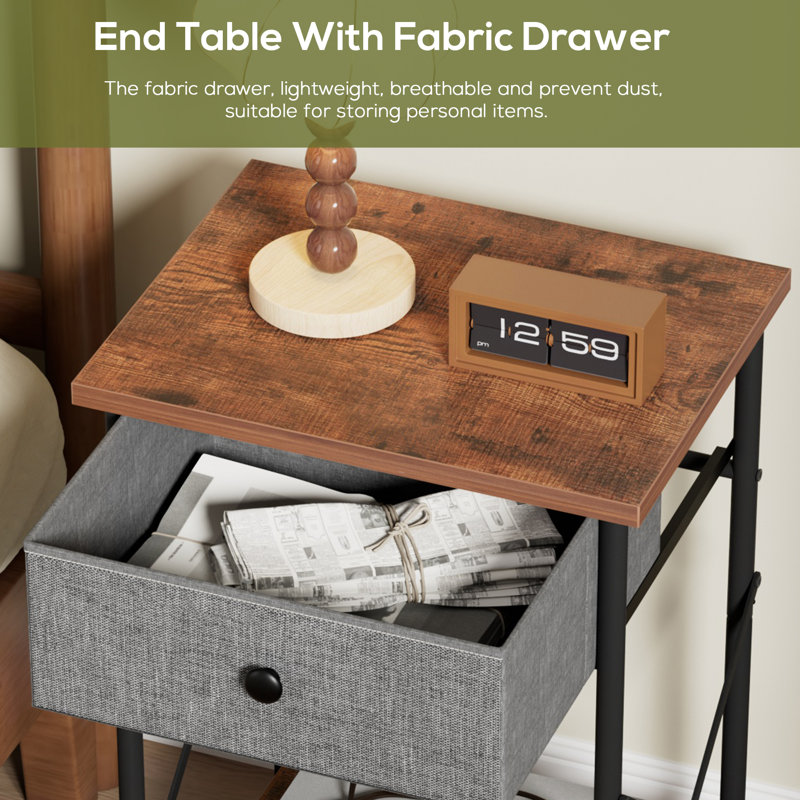 Alameen Fabric Drawer Nightstand With Open Shelf, Small Bedside Table For Bedroom, Hemp Gray, Individual