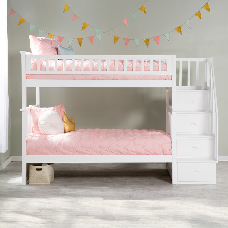 Flinn Kids Solid Wood Staircase Bunk Bed, Twin over Twin, White