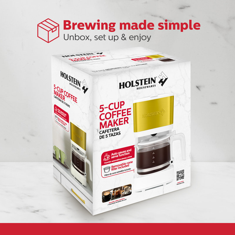 Holstein Housewares 5 Cup Coffee Maker Pause N Serve, One-Touch Operation, Non-Stick Warming Plate, Water Level Indicator - Reusable Filter - Compact Design, White and Gold 