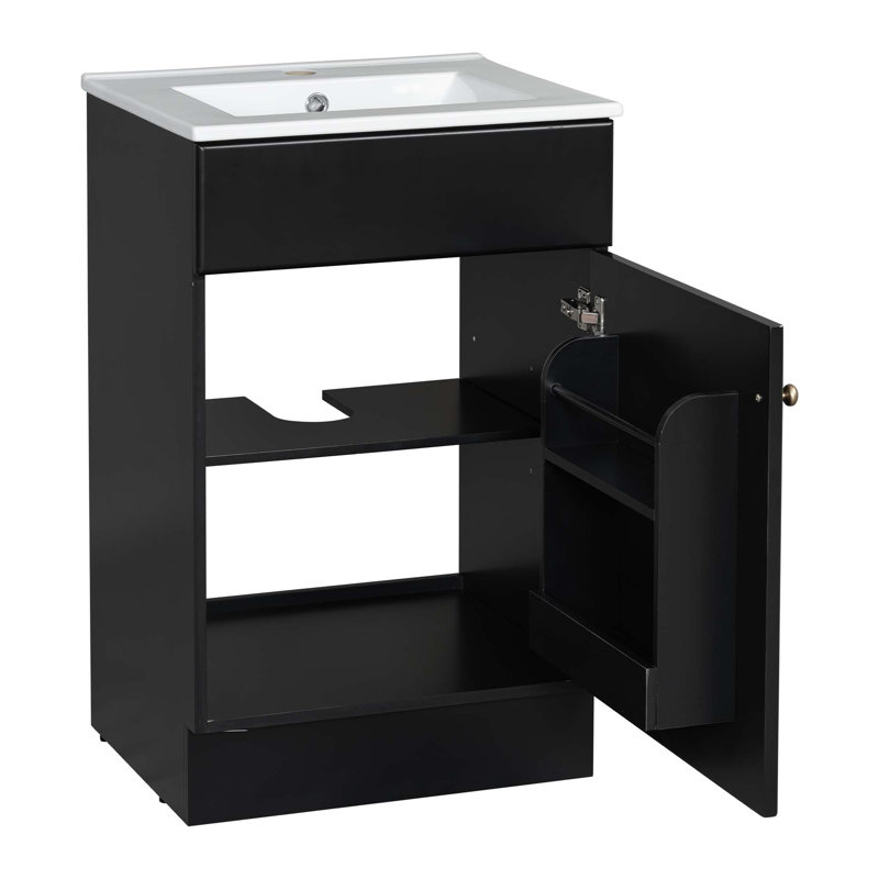 Meuble-lavabo de 20 po avec lavabo, meuble-lavabo avec tablette de porte et tablette réglable, Noir