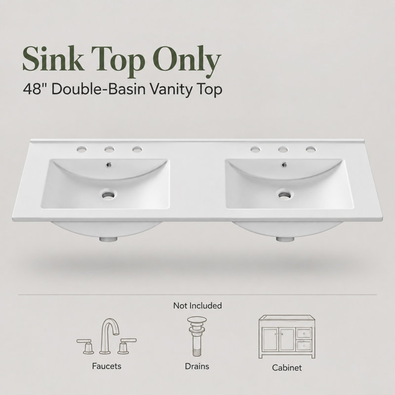 48'' W Double Basin White Ceramic Rectangular Bathroom Sink for Two without Faucet