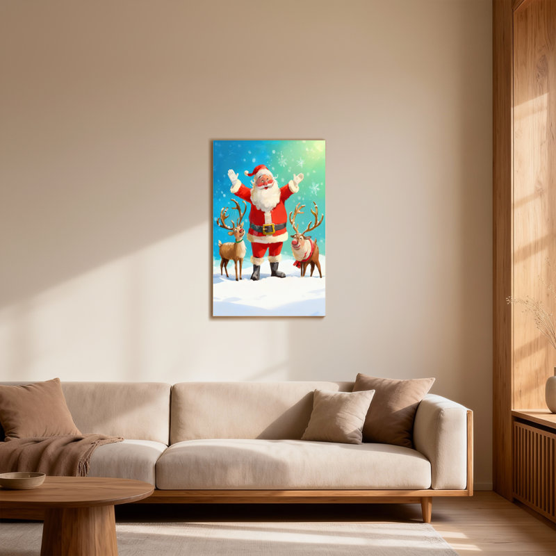 Père Noël avec des rennes dans une scène enneigée, H 18 po x l 12 po