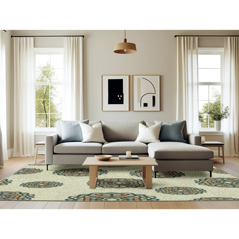 Tapis de mer vert/orange à motifs, Rectangle 6 pi x 9 pi