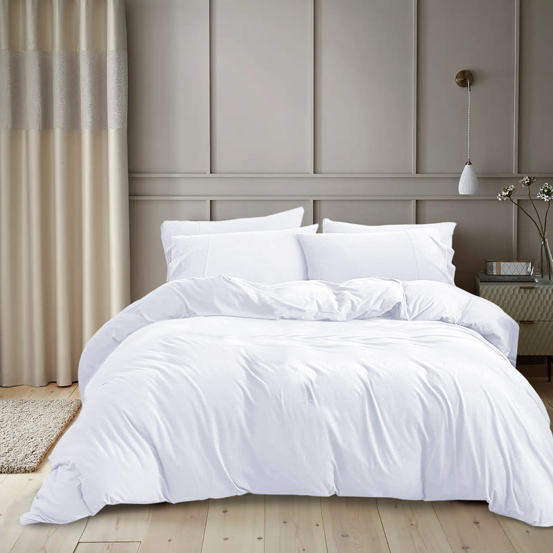 Kiranjot Microfibre 200 TC Reversible Modern & Contemporary Duvet Cover Set With Pillow Cases, 137cm x 200cm, White