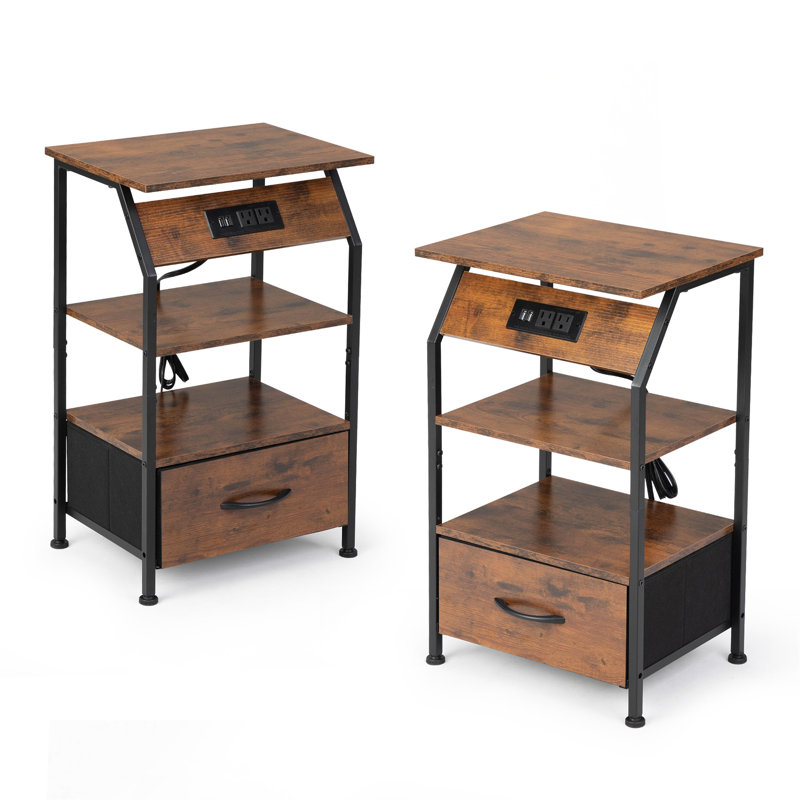 Rustic Brown Metal and Wood Nightstands with Charging Station, Set of 2
