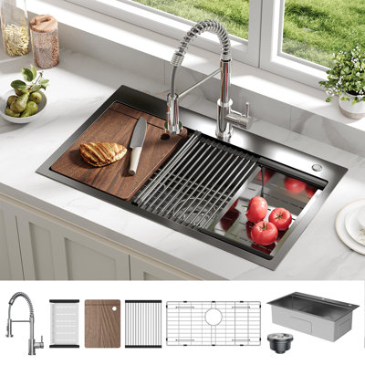 30 x 18 x 9 Inch Drop-In Kitchen Sink, Single Bowl Topmount w/ Pull-Out Faucet, Cutting Board, Dish/Drying Rack