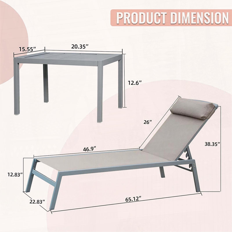 Ensemble de 3 chaises longues de patio avec table et chaises réglables en aluminium, Kaki