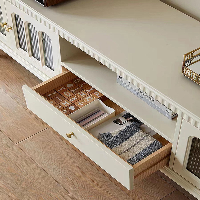 Meuble télé de style américain avec rangement rétro, H 24,41 po x L 82,68 po x l 15,75 po, Crème, crème