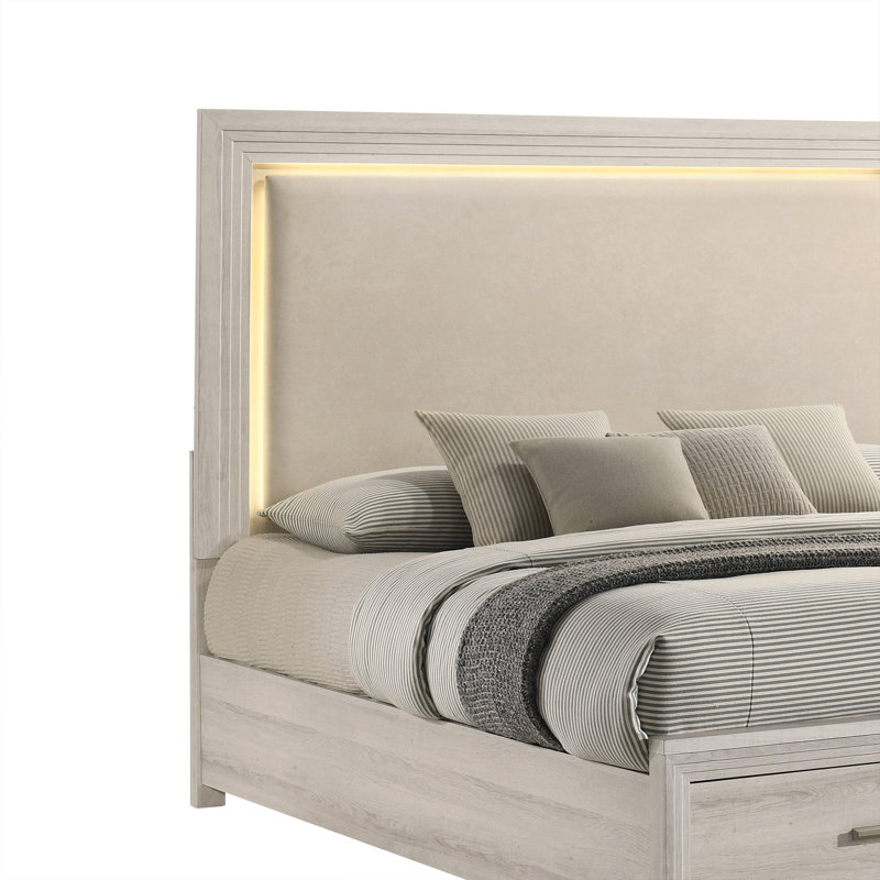 Lit plateforme tapissier à DEL Liora avec tête de lit éclairée, tiroirs de pied de lit et style contemporain, Très grand lit