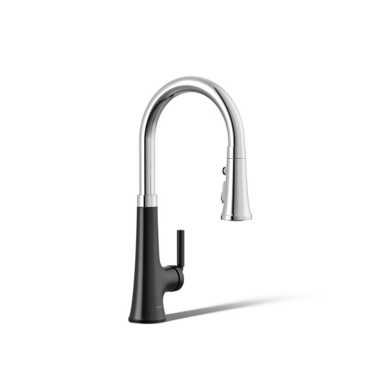 Tone Single Handle Pull Down Kitchen Sink Faucet with Three-Function Pull Down Sprayer, Polished Chrome/Matte Black