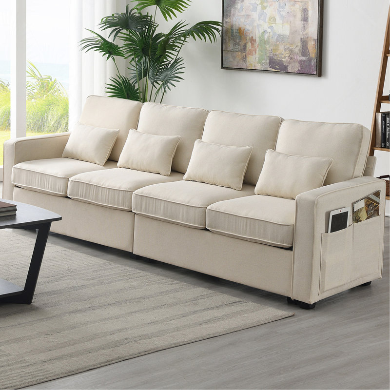 Canapé 4 places 104 pouces en tissu de lin moderne 104 po avec accoudoirs, Beige