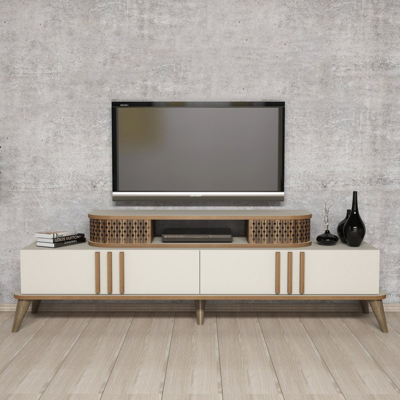 Meuble télé 66,1 po x 15,4 po x 15,0 po Modern | 100% panneau de particules enduit de mélamine, épaisseur: 0,7 pouce | Conception géométrique scandinave, solution de rangement élégante pour le salon et le centre de divertissement