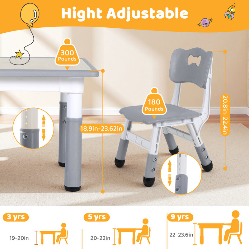 Kids Table And Chairs, Height Adjustable Toddler Table And Chair Set, Non-slip Legs & Easy-clean Graffiti Desktop (23.6''l X 23.6''w) For Learning, Daycare, Home(gray)