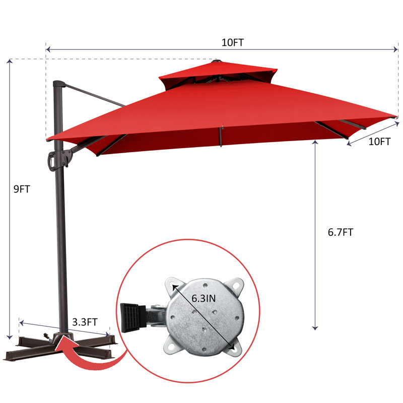 Kaiser 10' Square Cantilever Umbrella without Weighted Base, Red