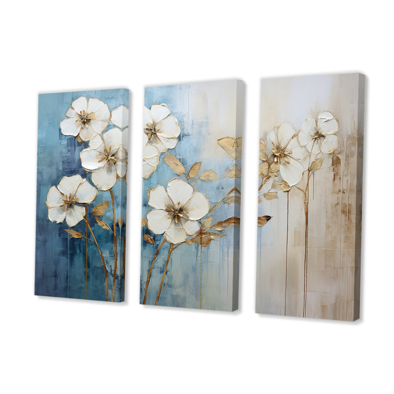 «Golden Blue Geraniums Bloom», ensemble d'art sur toile de géraniums, H 32 po x l 48 po x P 1 po