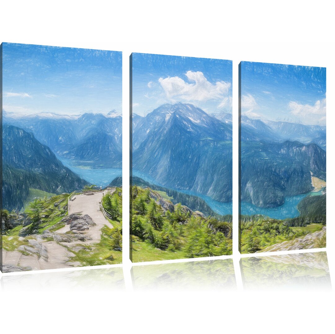 3-tlg. Leinwandbilder-Set „Blick vom Berg über dem Königssee in Bayern“, Grafikdruck