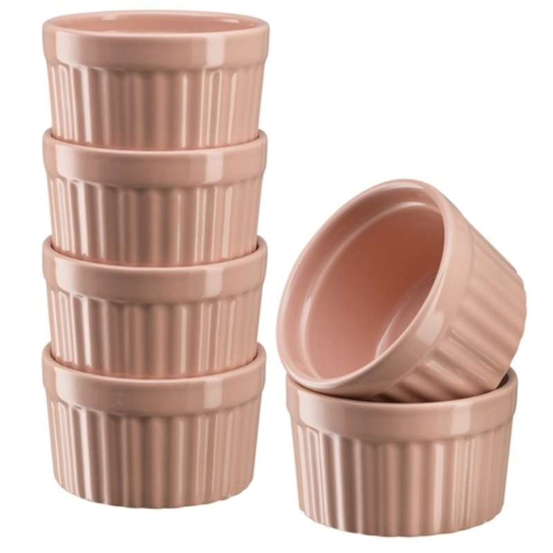Kook Round Ceramic 6 Piece Crème Brulee Dish Bakeware Set, Dusty Pink