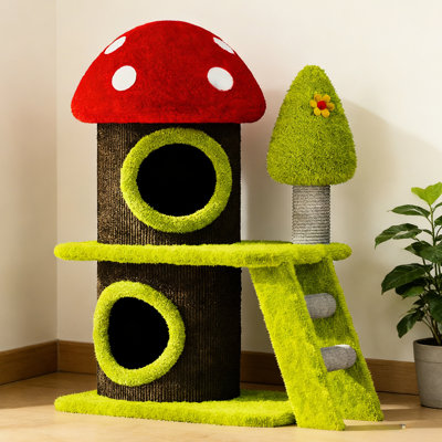 Tour pour arbre à chat moderne 30,7 po avec champignon - cachette douillette à thème et poteaux, convient aux familles multiples d'intérieur dans des zones étroites, aux poteaux à griffes de maison, au design peu encombrant, noir