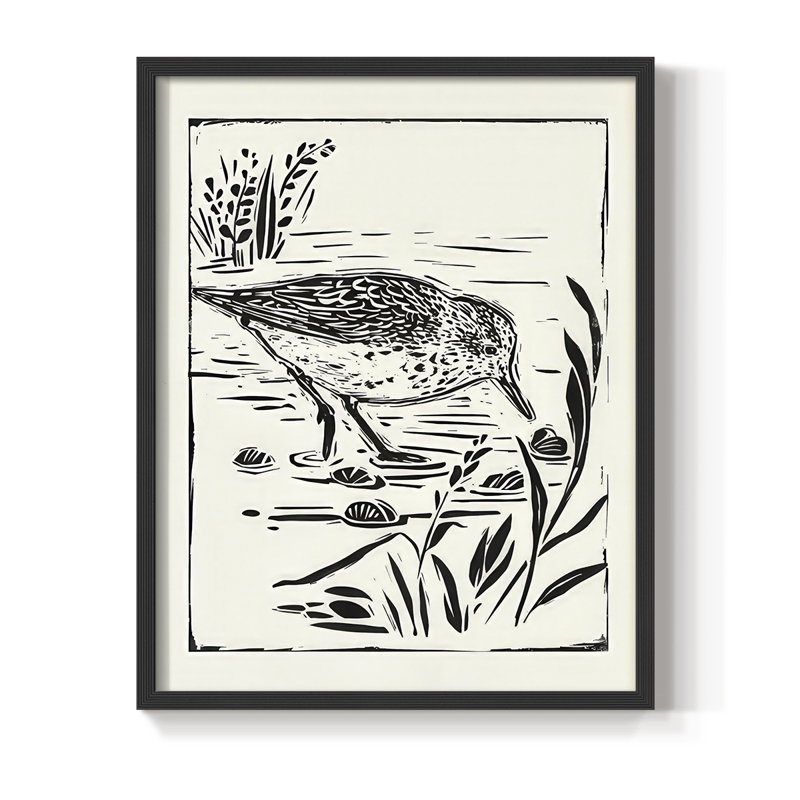 Linocut Style Seabird III, reproduction encadrée - bois massif, H 21 po x l 17 po, Noir, noir, noir, noir