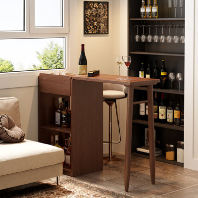 Solid Wood Bar Table, Rotating Expandable Tabletop with Open Storage.