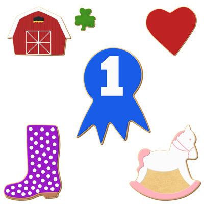 Cookiecutter.Com 6 Piece Horse Essentials Cookie Cutter Set Prize Ribbon, Rainboot, Barn, Rocking Horse, Heart, Mini Shamrock, Metal Shapes Made In US -  L9048