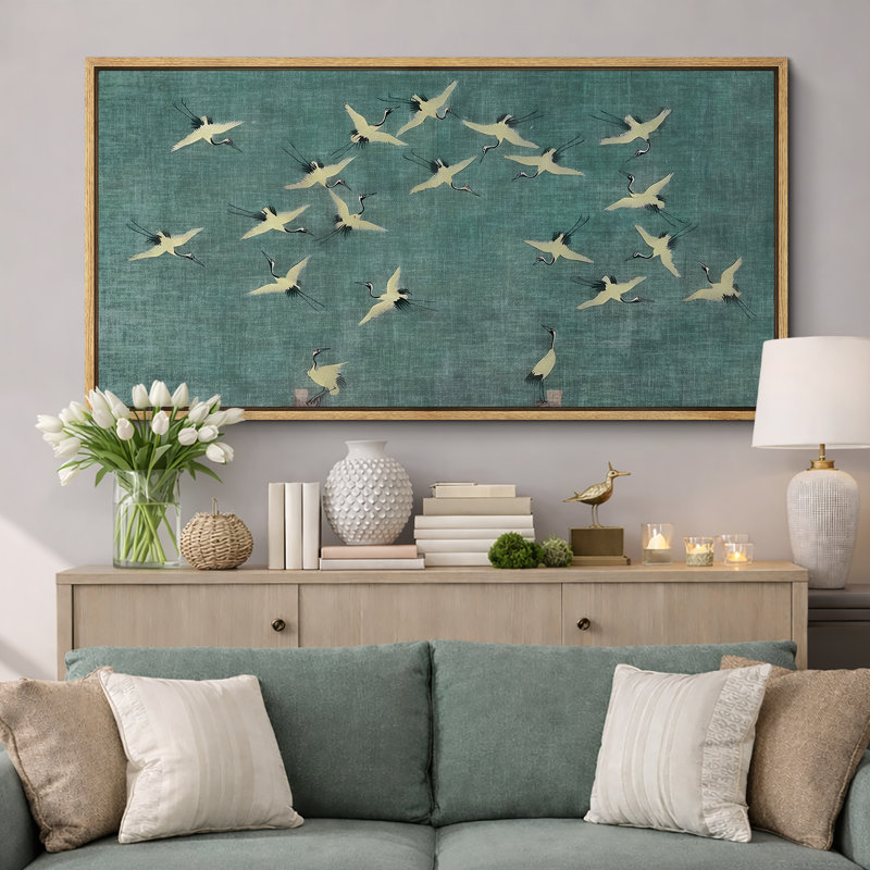 «Serene Sky Cranes In Flight On Teal», reproduction d'art sur toile encadrée, H 30 po x l 60 po, Naturel