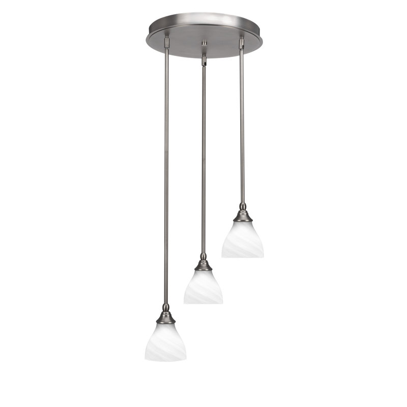 Luminaire suspendu suspendu en grappe à 3 lumières avec verre de marbre blanc 6,25 po Myrtie, Nickel brossé, White Marble