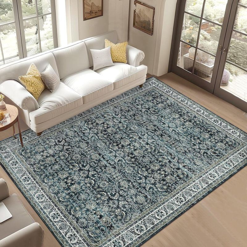 5x7 Washable Area Rugs Soft Vintage Floral Large Rug Foldable Low Pile Indoor Floor Carpet Farmhouse Non-Slip Throw Rugs Dining Room Charcoal Grey