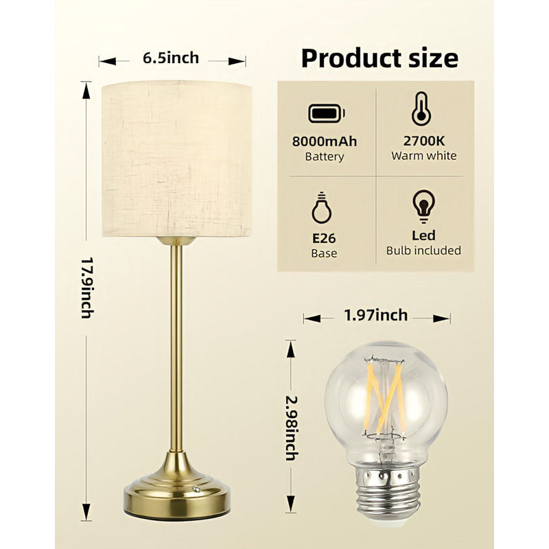 17.9" Cordless LED Table Lamp with 8000mAh Rechargeable Battery and Fabric Shade
