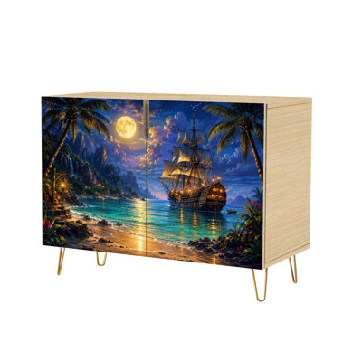 Sideboard Buffet Cabinet with Storage Sailing Ship Under Full Moon Tropical Island Paradise with 2 Doors for Living Room and Kitchen