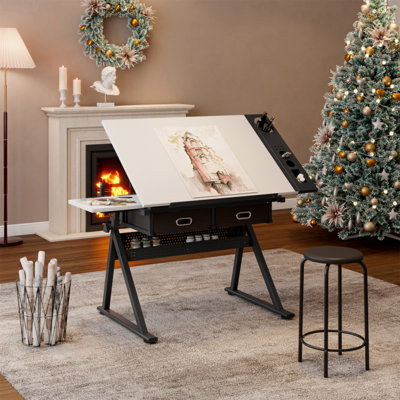 Adjustable Drawing Drafting Table Desk With 2 Drawers For Home Office And School With Stool(White)