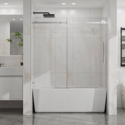 Frameless Bathtub Door, 60" W X 58" H Sleek Silent Sliding Glass Door, 1/4" (6Mm) Thick Tempered Clear Glass With Easy-Clean Coating, Heavy-Duty 304 Stainless Steel