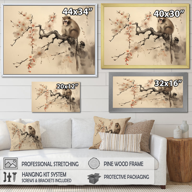 Lynnix Asian Art Monkey I, reproduction d'art sur toile, Cadre flottant blanc, H 24 po x l 32 po x P 1 po