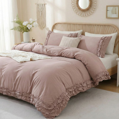 Red Pink Cotton Ruffled Comforter Set Queen, Vintage Shabby Chic Farmhouse Bedding Comforter Set Coquette Aesthetic French Country Comforter Pink Clay