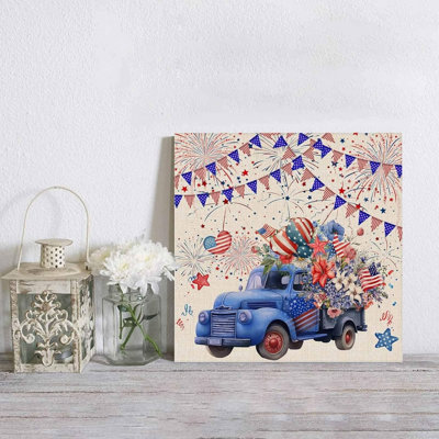 Vintage Blue Truck Fireworks American Flag Independence Day 16 x 16 in Canvas Wall Art Retro Holiday Wall Decor