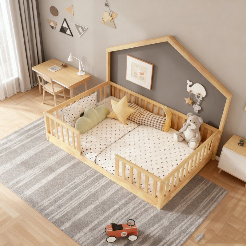 Floor Bed with High Rails, Wooden Montessori Bed with Light, Natural, Twin
