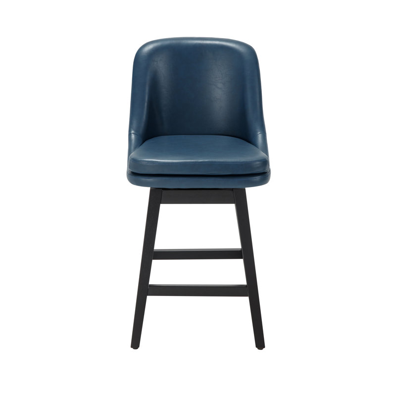 Swivel Bar Stools Set of 2, 26" Counter Height Bar Stool with Solid Wood Legs, Modern Farmhouse Barstool Chairs for Kitchen Island and Counter Height, PU Leather in Navy