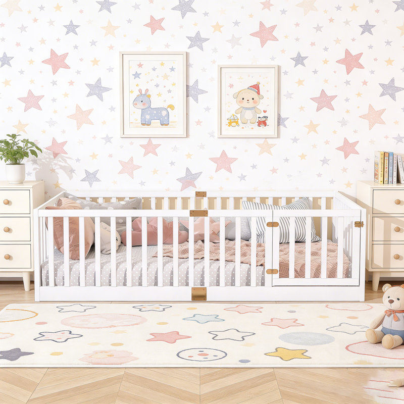 Floor Bed with High Fence Railings and Door, Rubber Wood Safety Guardrails for Compact Rooms, Twin, White, With Door